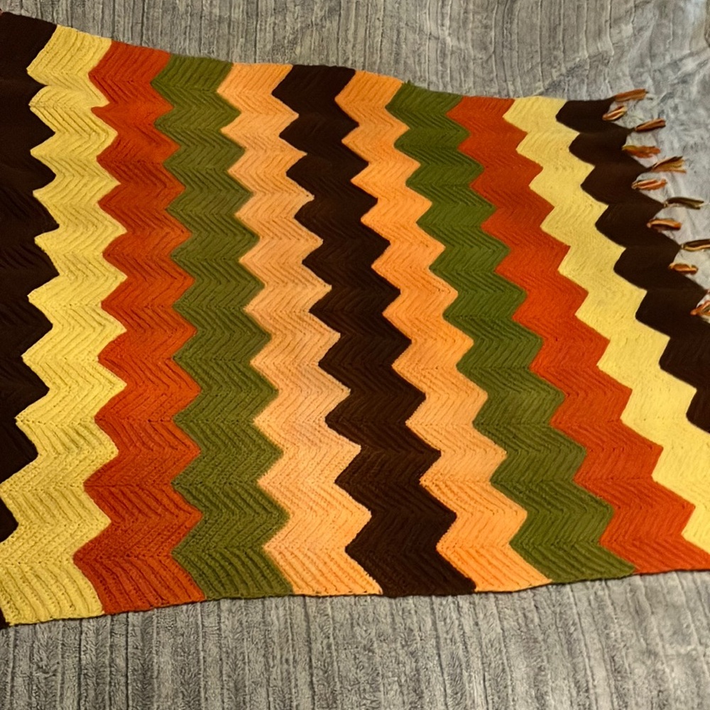 Hand Crafted‎ Crochet Afghan Chevron Throw Blanket Brown Yellow  Orange Green